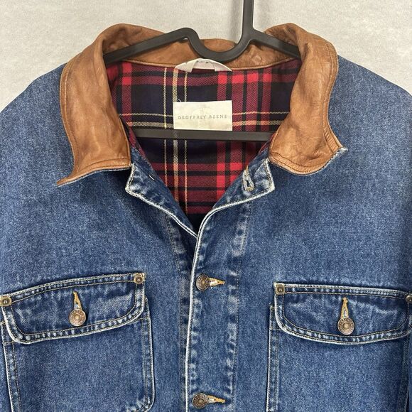 Vintage Geoffrey Beene Flannel Plaid Lined Denim Jacket Leather Collar Men's M - Picture 5 of 16